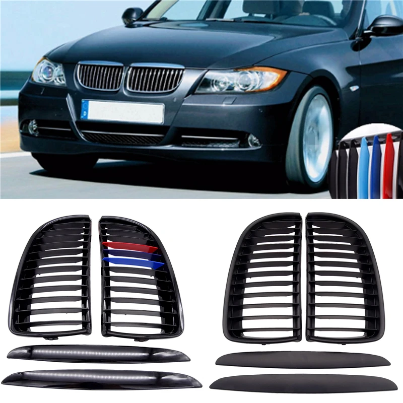 

JIUWAN 1 Pair Front Gloss Matt Carbon M Color Black 1 Line Slat Kidney Grille Grill for BMW E90 E91 4 Door 2005 2006-2008