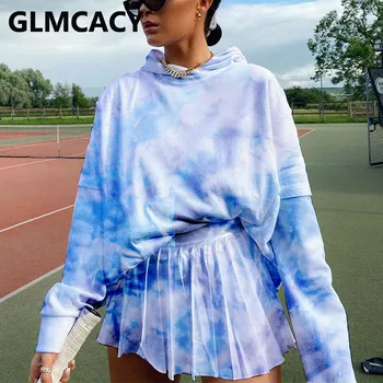 

Women Two Piece Tie Dye Printed Sweatsuits Long Sleeve Sweatshirt and Mini Skirt Set Sweet Suits