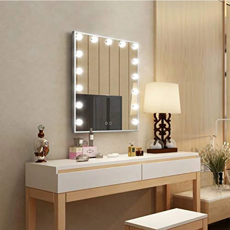 Голливуд освещенный Красота зеркало с подсветкой зеркало для макияжа с регулируемой яркостью светодиодный лампы Настольный и настенный туалетный Спальня - Цвет: White 62x52 Hang up