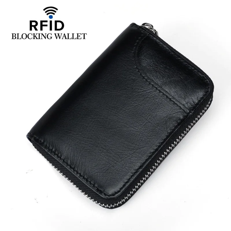 Real pickup bag short First layer leather anti-theft brush multi credit card zipper bag