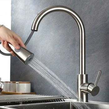 

1/2" Stainless Steel Kitchen Sink Faucets with Pull Down Sprayer Single Handle Deck Mount Pull Out 360° Swivel Faucets