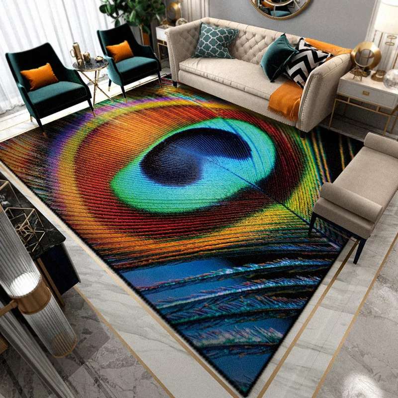 Gold velvet printed carpet Thickened non-slip animal feather peacock pad rectangular living room bedroom decorative rug