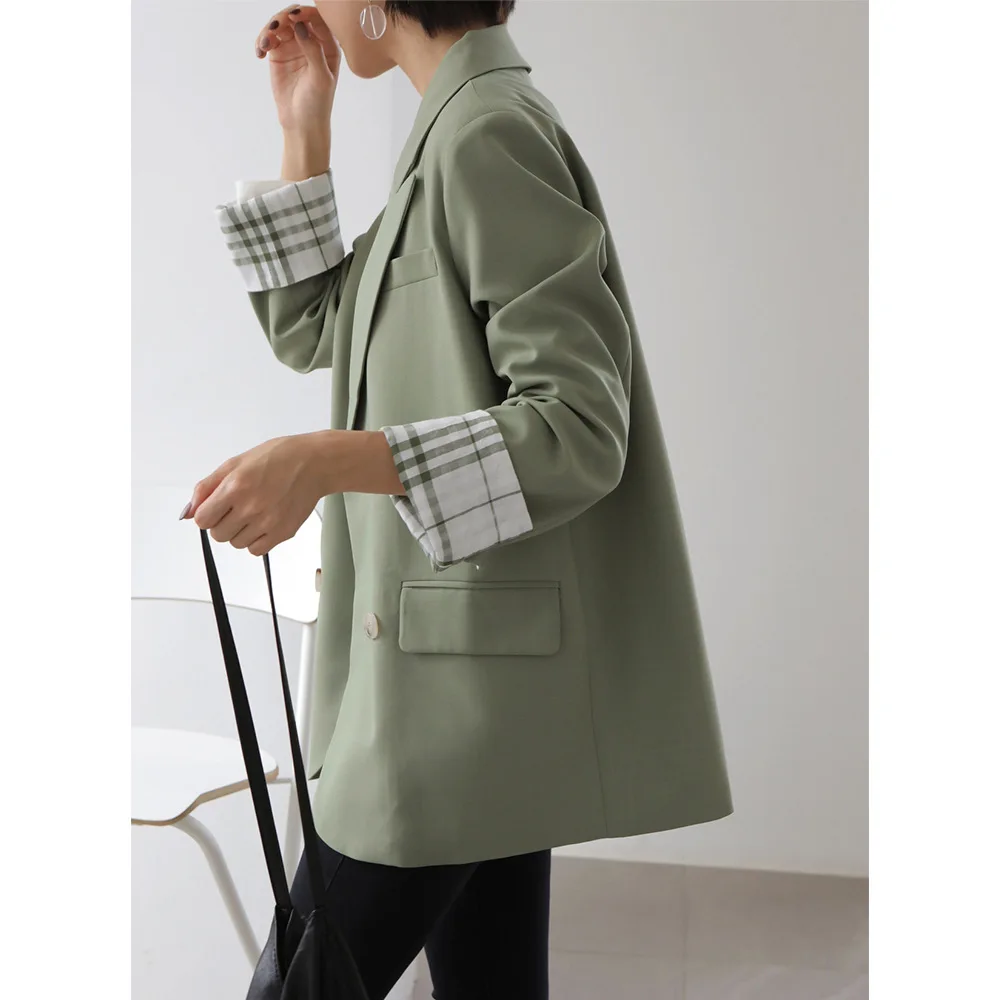

2019 Korean-style Autumn & Winter New Style Simple Hong Kong Style Double Breasted Mid-length Plaid Cuff Casual Suit Women's X24