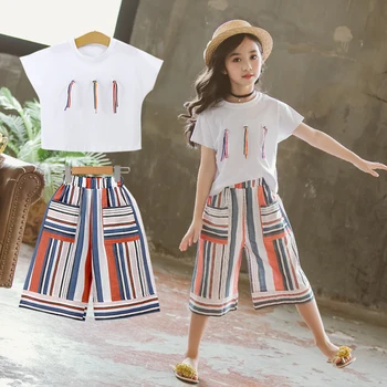 

Teenage Girls Clothes Set 2020 Summer Girls Short Sleeve T shirt Loose Stripe Pants Children Clothing Sets 4 6 8 10 12 13 Years