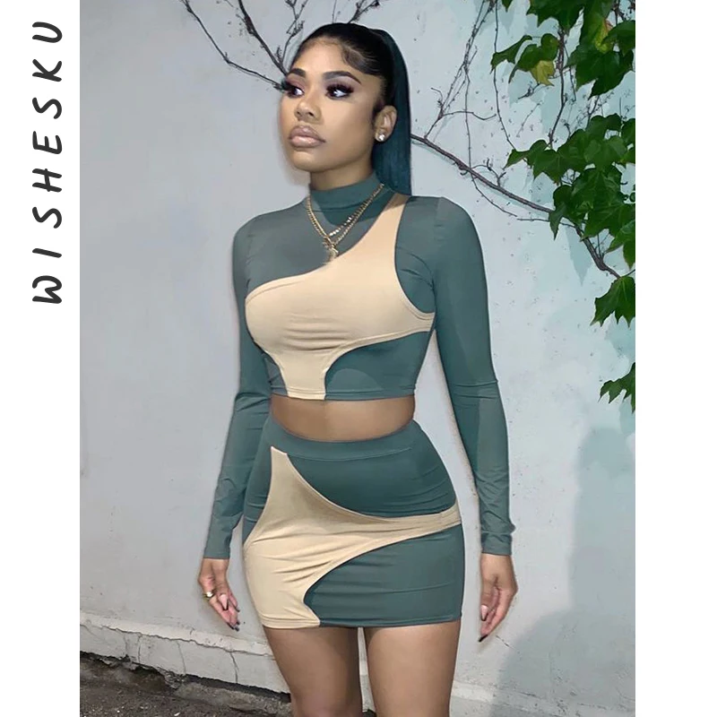Casual Women Skirt Outfits Two Piece Set Color Blocking Patchwork Casual Women Skirt Outfits Two Piece Set Color Blocking Patchwork