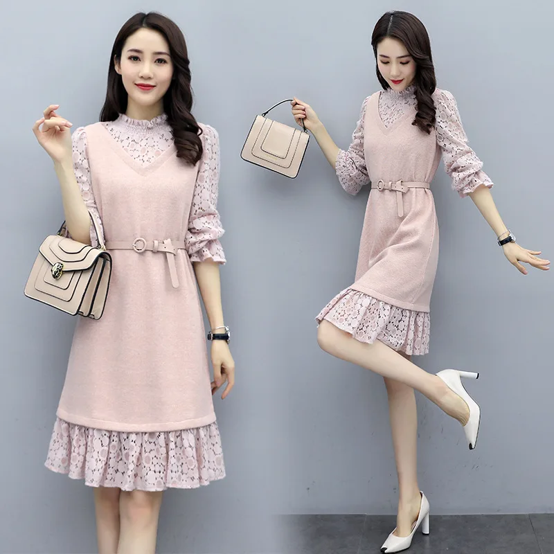 

Knitted Long-sleeved Dress Women's 2020 Spring New Style Lace Joint Graceful Mid-length Popular nei da qun Sub-