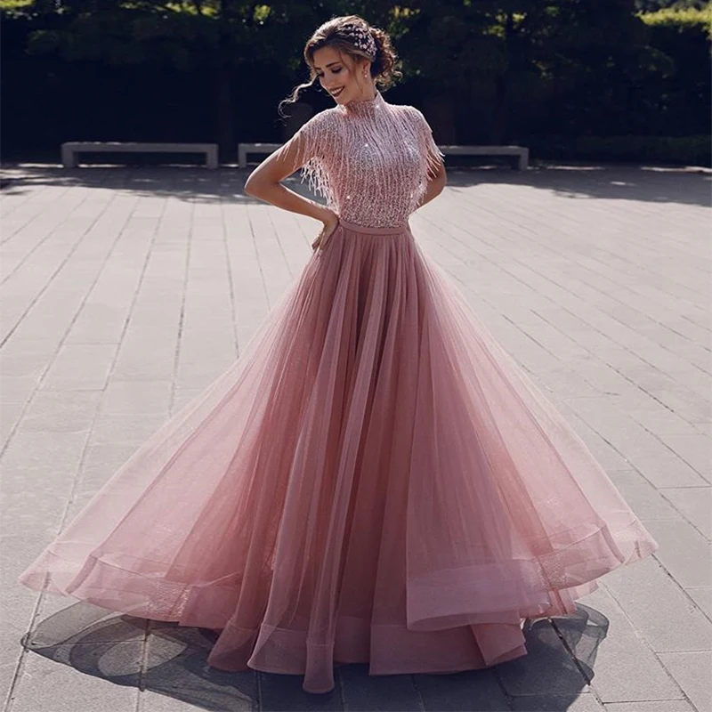 

Modest High Neck Cap Sleeve Sequined Long Gown Evening Dress with Tassel