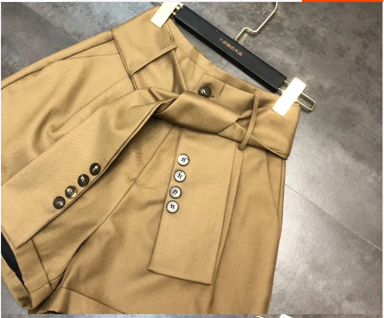 Fall New Button Design Belt High Waist Women Shorts Solid Color Female Wide Leg Shorts