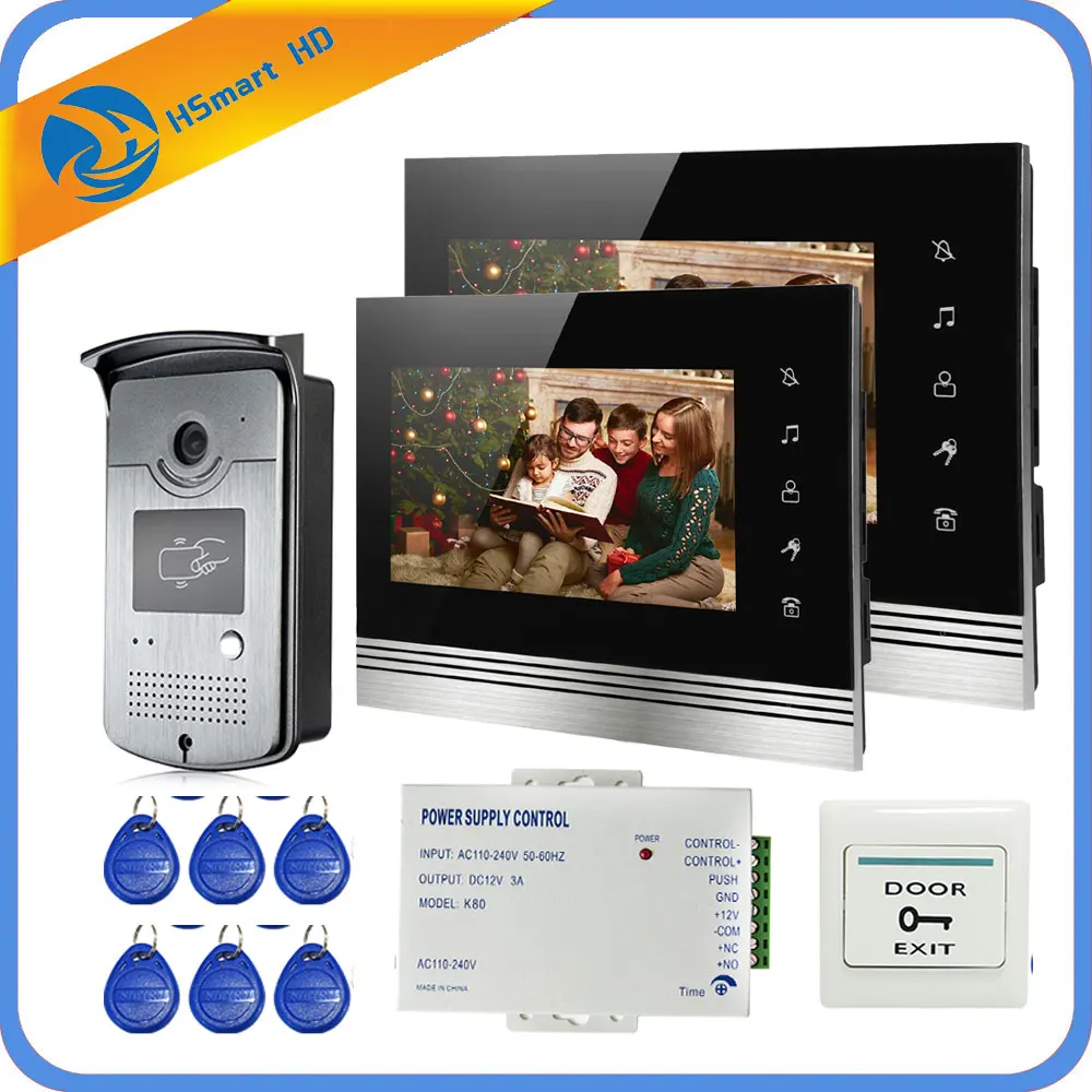 Visual Intercom Doorbell 7'' TFT LCD Wired Video Door Phone System 2 Indoor Monitor Outdoor RFID IR Camera Support Unlock