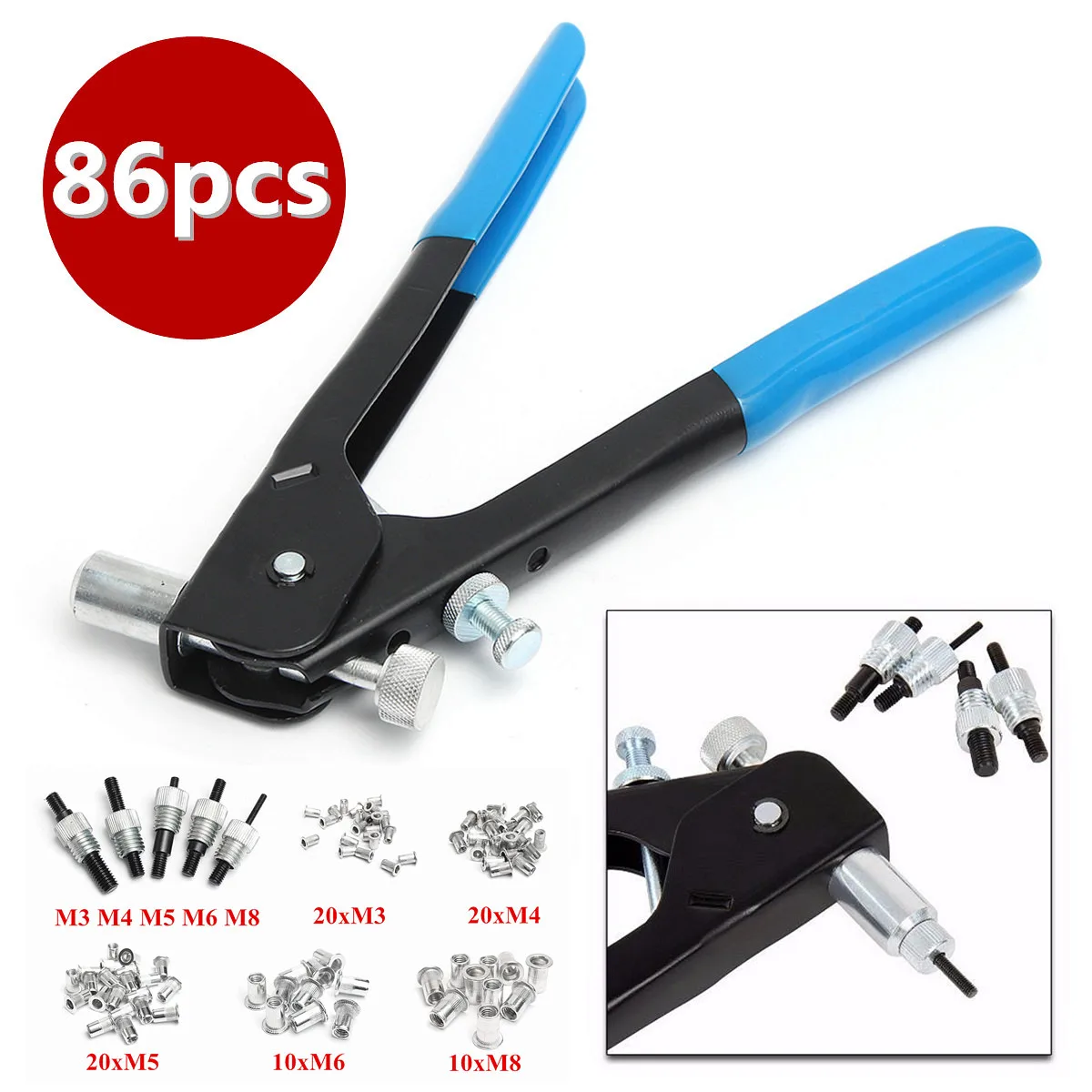 

doersupp 86Pcs M3-M8 Threaded Nut Rivet Insert Tool Riveter Rivnut Nutsert Riveting Kit for Repair Work on Cars Boats Furniture