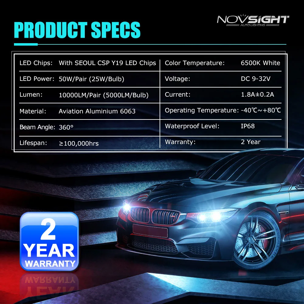NOVSIGHT H4 H7 ED H11 10000LM 12V Встроенный вентилятор светодиодный лампы для автомобиля, мотоцикла, H1 H8 HB3 HB4 9005 9006 Противотуманные огни H3 светодиодный фар