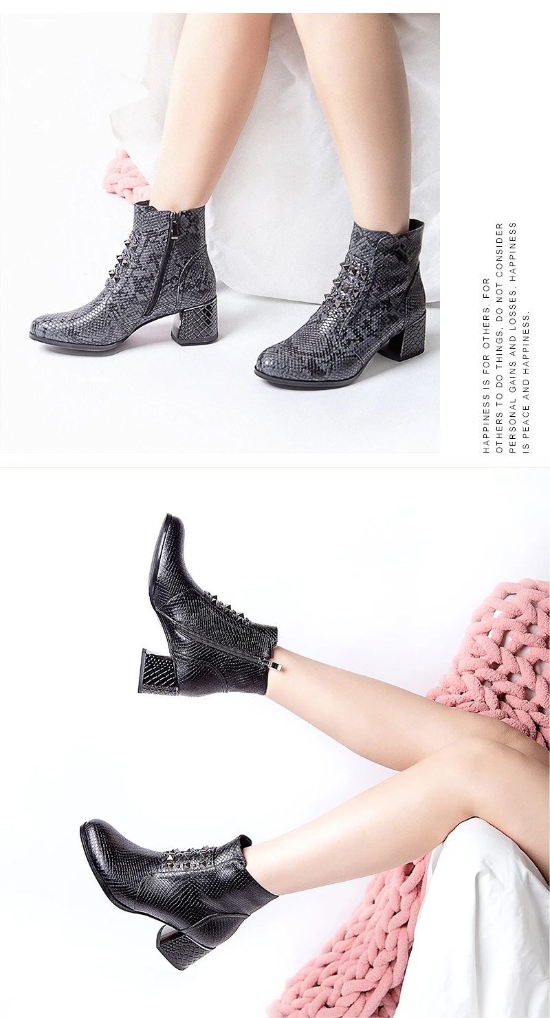 Г., новые женские ботинки короткие ботильоны на высоком квадратном каблуке 5,3 см со змеиным принтом красивые ботинки на молнии с заклепками, Bota Feminina A195-40