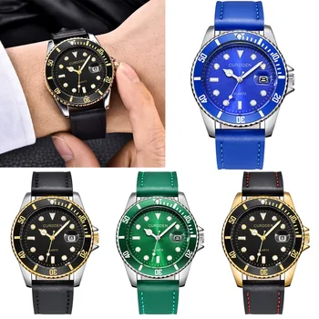 

Fashion PU Leather Watches Mens Quartz Calendar Luxury Bezel Pattern Wristwatch Rhinestone Dial Male Casual Sports Watches