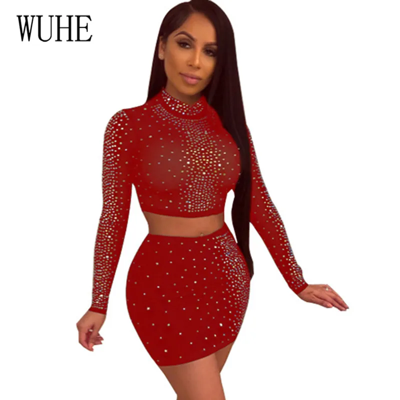 

WUHE 2 Pieces Sets Crystal Diamond Mesh Sexy Bodycon Dress Hollow Out Long Sleeve Party Mini Dress Transparent Party Vestidos