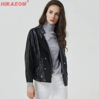 

Autumn Leather Women's Moto Biker Zipper Jacket Short Bf Wind Big Pocket Stand Collar Pu Leather Jacket Coat Casacas Para Mujer