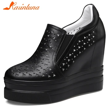 

KARINLUNA Fashion Female Increasing Height Pumps Genuine Leather Hollow Out Spring Slip On Women Pumps Spring Women Shoes