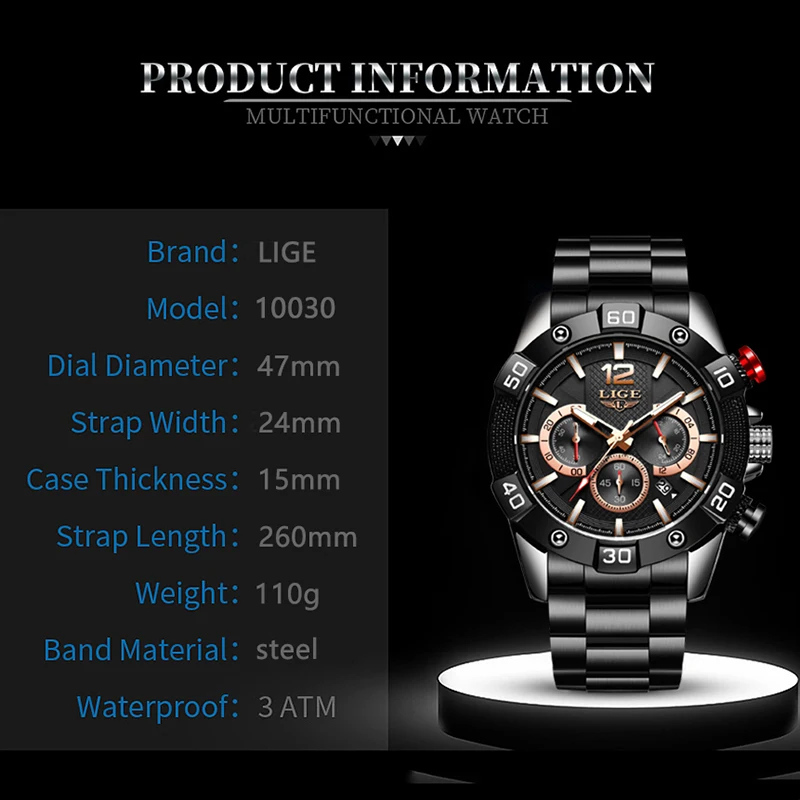 Часы наручные LIGE Мужские кварцевые брендовые Роскошные водонепроницаемые в