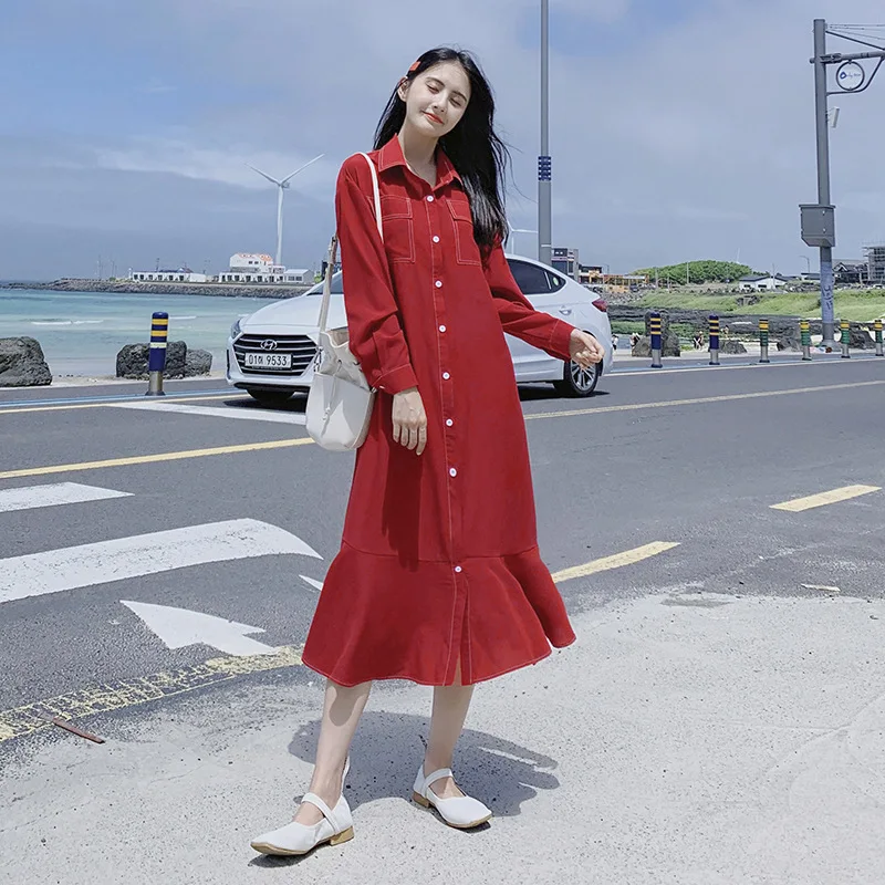 

Photo Shoot Spring And Autumn New Style Long over-the-Knee Fishtail Flounced Loose Straight Shirt Chiffon Dress Dress
