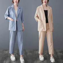 

2021 Spring Autumn Women's Office Suit Two-Piece Pantsuit Elegant Blazer Girly Female Set Casual Loose Pants Jacket Work Clothes