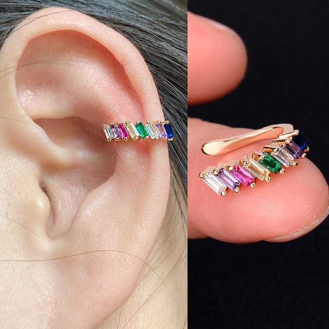 Korean Style Women Girls Flower Leaf Clip Earrings Without Piercing Rainbow Earring Crystal Zircon Ear Cuff  Fashion Jewelry