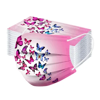 

50pcs Adult Pink Butterfly Print Mask Masque Disposable Protection Soft Mouth Masks Three Layer Breathable Face Mask Mascarillas
