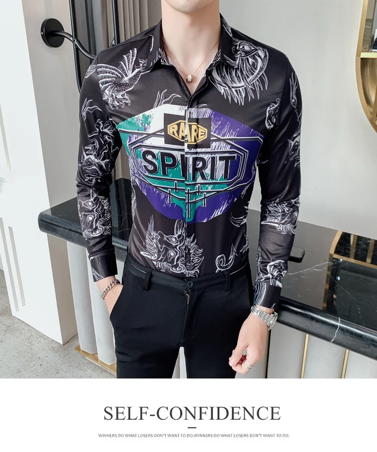 Повседневные рубашки Мода Осень Slim Fit с длинным рукавом рубашки мужские 3XL осень новая рубашка-смокинг мужские роскошные китайские принты мужские