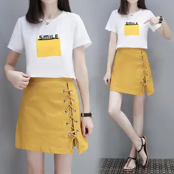 

Women Short Sleeve O Neck T-shirt Top High Waist A Line Side Strap Skirt Set Side Strap Design High Waist women short