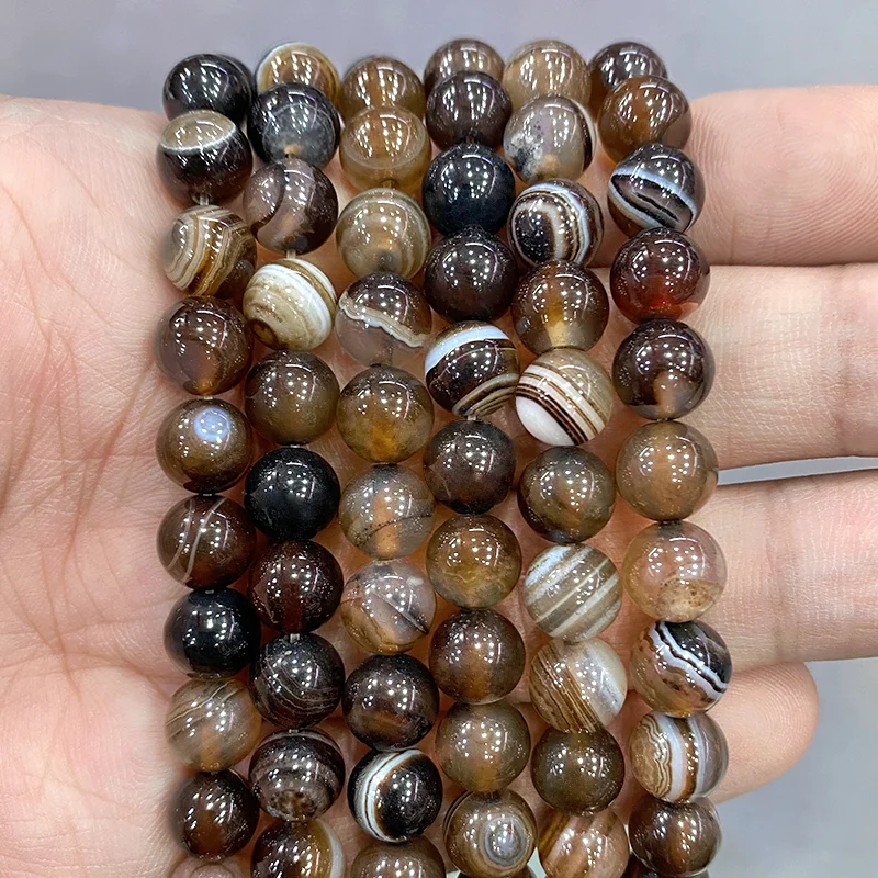 Naturstein Braune Streifen Achate Runde Perlen Diy Armband Halskette Zubehör für Schmuckherstellung 15" Strang 4 6 8 10 12 14MM