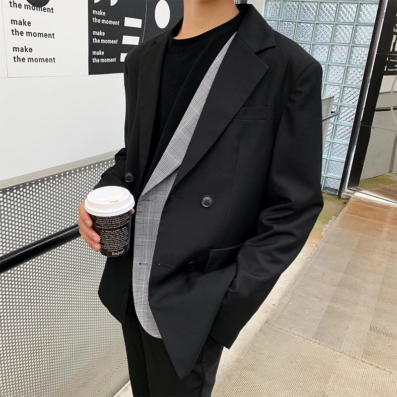 

2019 New Autumn And Winter Korean Version Of Loose Personality Cotton Fake Two-piece Plaid Small Suit