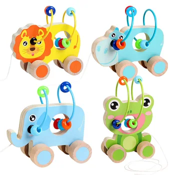 

Children's Cartoon Animal Learn To Walk Drag Toy Small Round Bead Trailer Wooden Round Bead Montessori Educational Trailer Toy