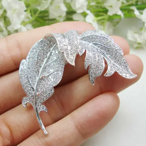 Woman's Clear Zircon Crystal Flower Leaf Silver Tone Brooch Pin Fashion  Accessorie