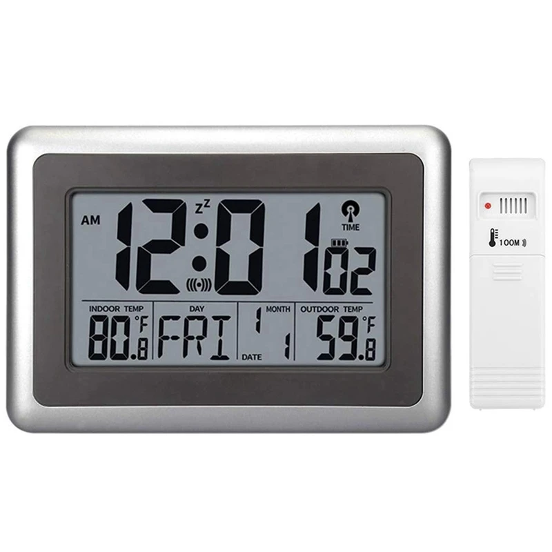 

Digital Atomic Wall Clock, Desk Alarm Clock, Battery Operated With Wireless Sensor 300 Ft / 100 Meter Range, Large Lcd Display,