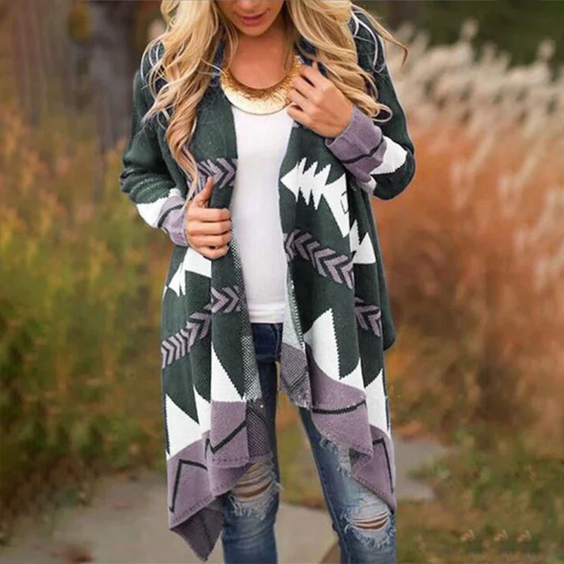 Дамы Болеро шаблон Трикотаж Свитер открытый передний жакет с длинным рукавом свитер пальто вязаный кардиган