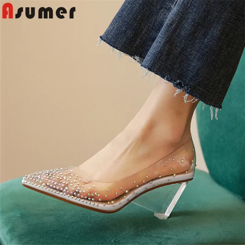 ASUMER/ г., новые модные туфли-лодочки женская обувь элегантные летние вечерние свадебные туфли с прозрачными стразами женские туфли на танкетке