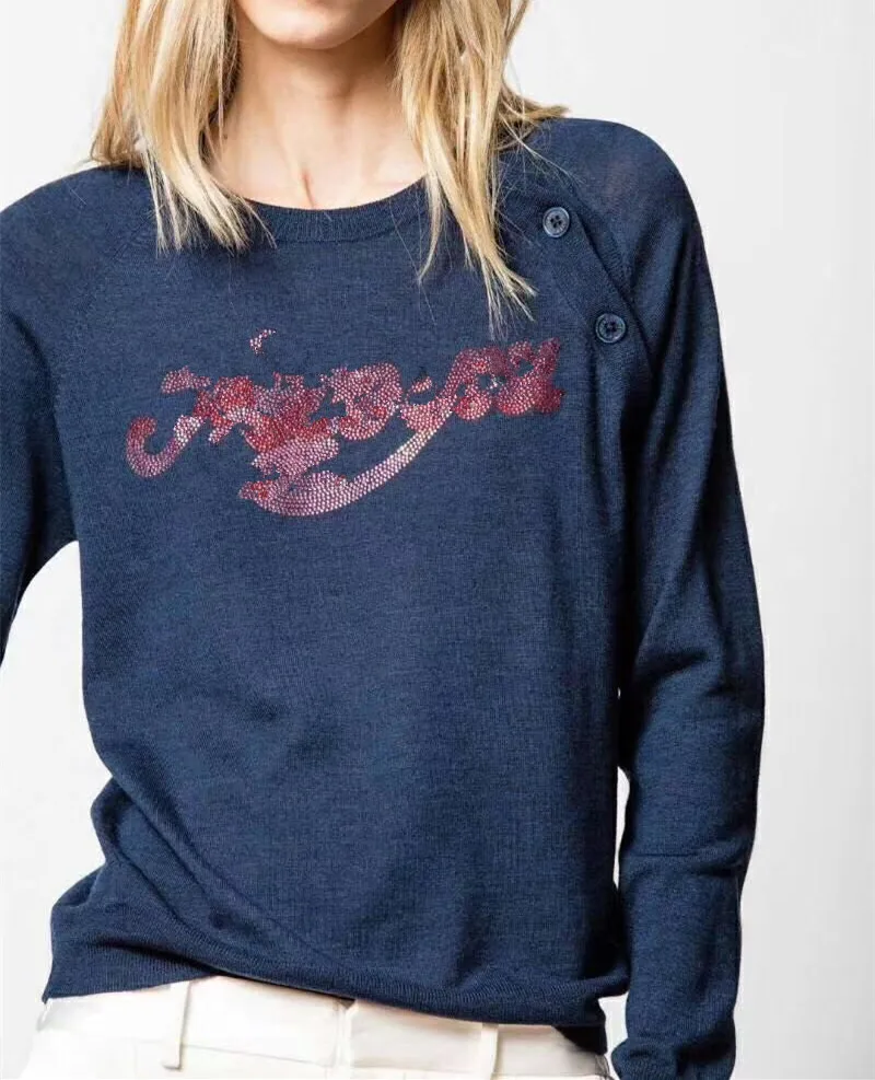 

Women Knitted Cashmere and Silk Knitwear Sweater Autumn Winter Letter Hot Drilling Shoulder Buttons Design Women's Pullover Top