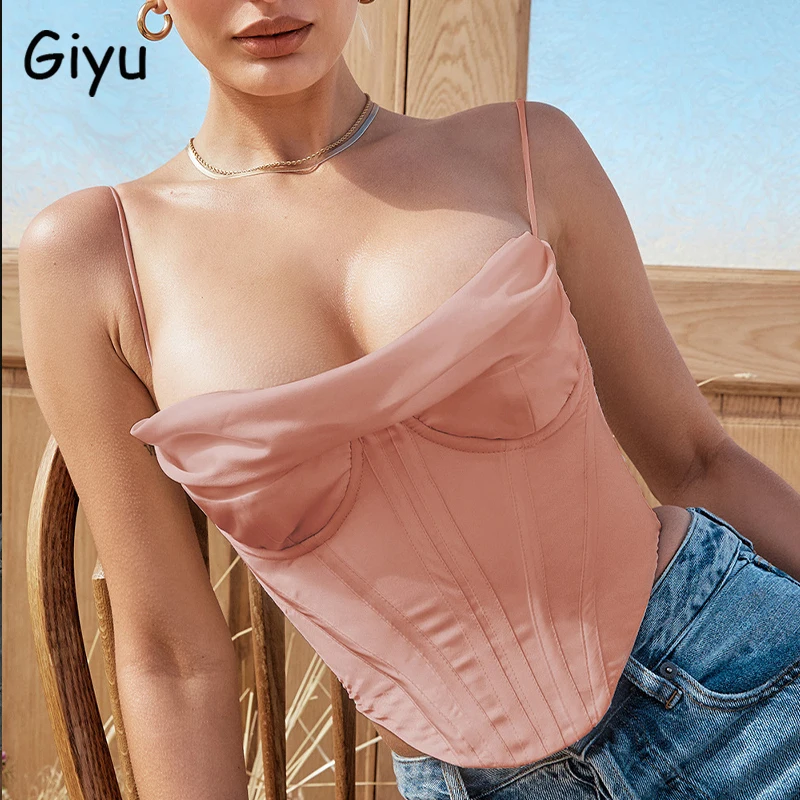 Giyu Sexy Mesh Satin Corset Crop Tops Women Camis Summer Pile Collar Spaghetti Strap Backless Camisole Padded Blusas Femininas jockey camisole Tanks & Camis