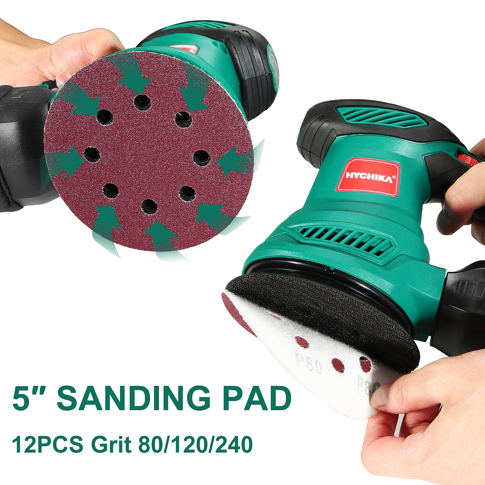 HYCHIKA 300W 13000 RPM 6 Variable Speeds Random Orbital Sander Sander with Dust Collection for DIY Woodworking Sanding Polishing 125mm with 12Pcs Sanding Disc Orbital Sander