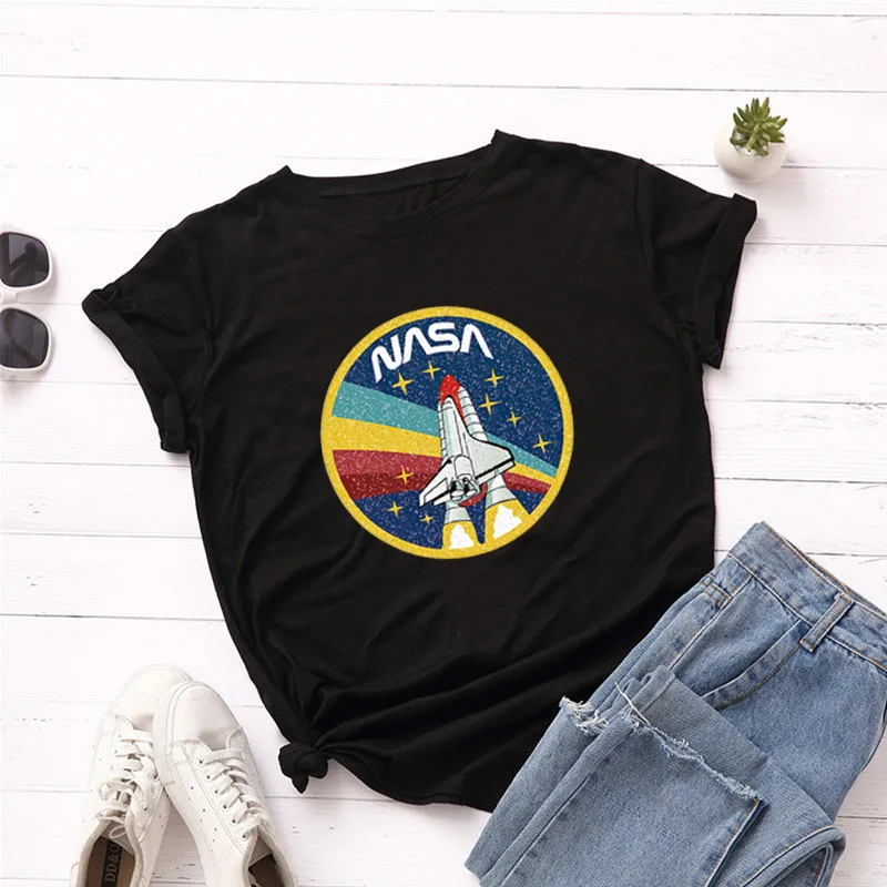 Футболка размера плюс S-5XL с принтом "Новая Луна Планета", женские футболки, хлопок, круглый вырез, короткий рукав, летняя футболка, топы, Повседневная футболка - Цвет: 991-Black