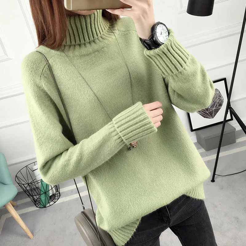 Truien Dames, новинка, корейский Однотонный женский свитер, Повседневный, свободный, водолазка, пуловер, джемпер, вязаный, женский свитер, Pull Femme 5226 50 - Цвет: ligth green