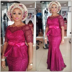2020 vestido de madrinha Scoop Neck Lace Mothers Appliques half Sleeves Floor Length Plus Formal Mother of the Bride dresses