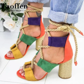 

TAOFFEN Summer Square Heel Women Sandals 7CM Heel Peep toe Shoes Women Hemp Lace Up Fashion Women Platform Footwear Size 35-43