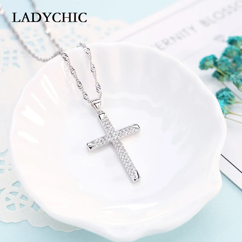 LADYCHIC классический серебристый цвет крест кулон ожерелья с камнями AAA циркон христианский крест Иисуса ювелирные изделия подарок LN1109