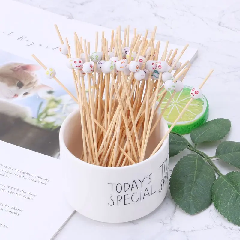 100pcs natural bamboo Smile Face Food Picks Dessert Buffet Fruit Salad Fork Cake Muffin Party Toothpicks