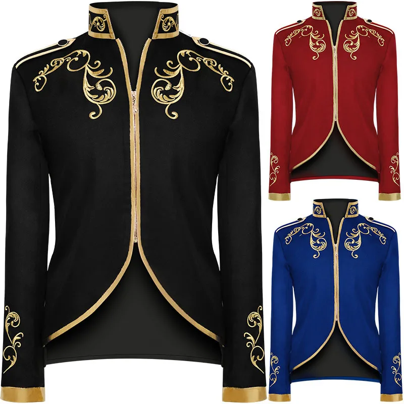 

PYJTRL British Style Palace Prince Fashion Black Velvet Gold Embroidery Blazer Wedding Groom Slim Fit Suit Jacket Singers Coat