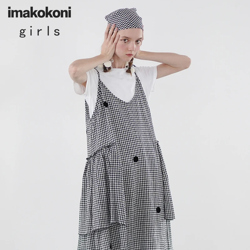 Женское летнее клетчатое платье Imakokoni в горошек с поясом японском стиле оригинальный дизайн бесплатная
