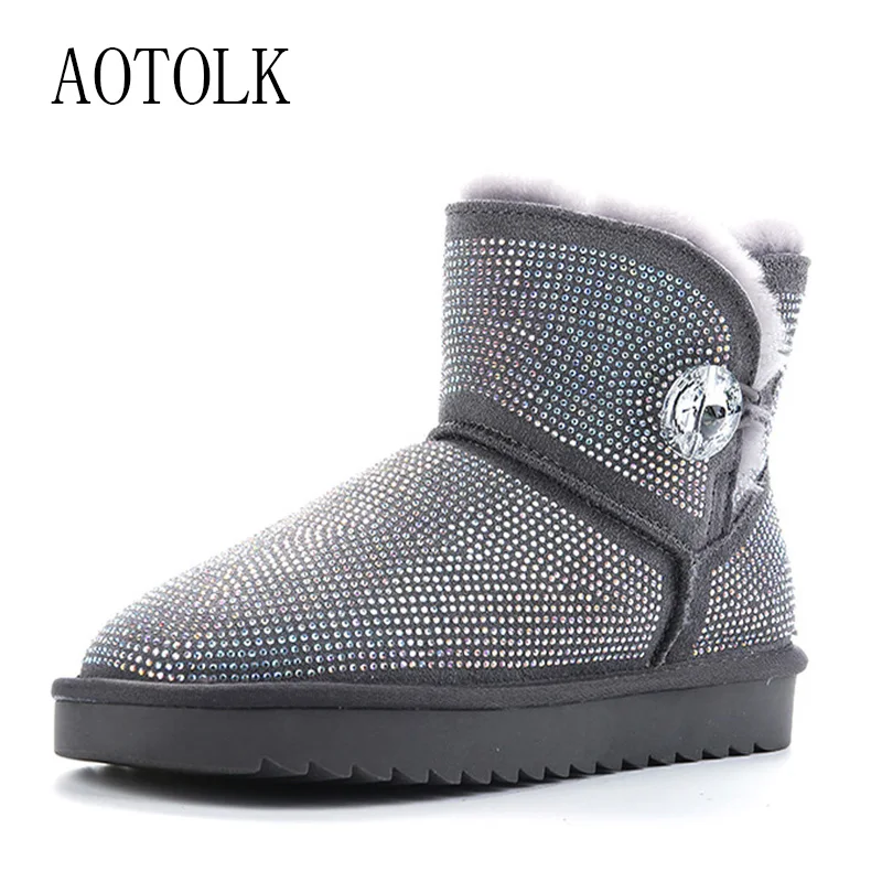

Luxury Boots Woman Genuine Leather Rhinestone Snow Boots Flat Wool Fur Women Winter Shoes Warm Platform Plus Size Ankle Boots DE