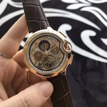 

4 Types Rose Gold luxury brand men Skeleton watch Glass open back 44mm stainless steel case 1:1 leather strap AAA quality