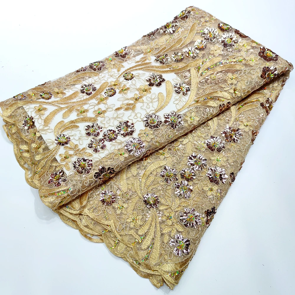 

Fashion Gold French Lace Fabric 2022 Embroidery African Cord Mesh Lace Fabrics With Sequins For Wedding Dress