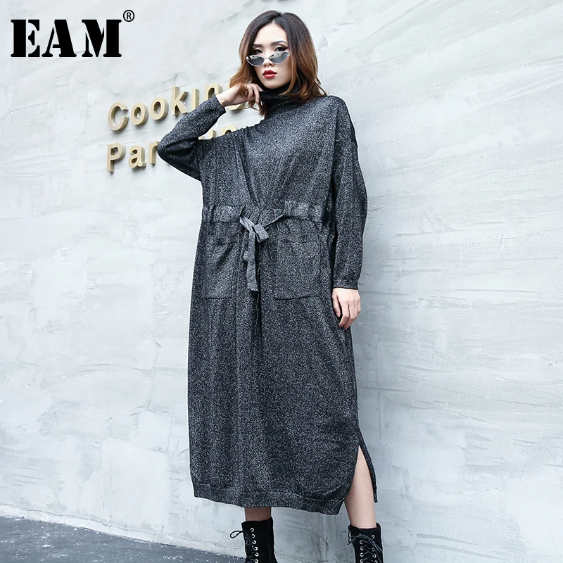 

[EAM] Women Drawstring Side Split Knitting Dress New Turtleneck Long Sleeve Loose Fit Fashion Tide Spring Autumn 2019 1B828