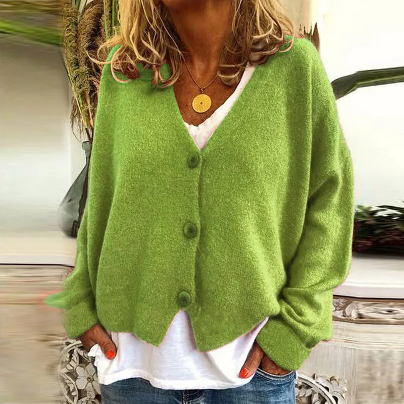 Осенне-зимний женский свитер с открытой строчкой, сексуальный вязаный свитер с v-образным вырезом и пуговицами, элегантный Свободный кардиган с длинным рукавом, топы, джемпер - Цвет: Apple Green